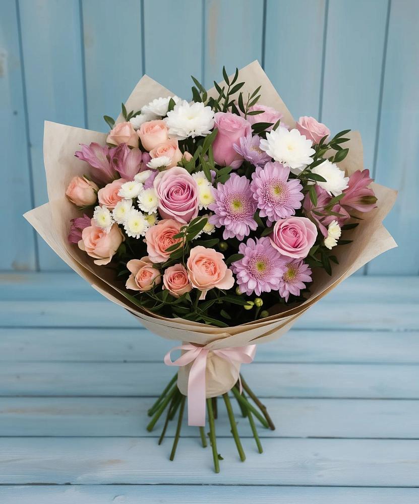 Букет цветов из: Хризантемы, Розы и Альстромерии в Кудиново