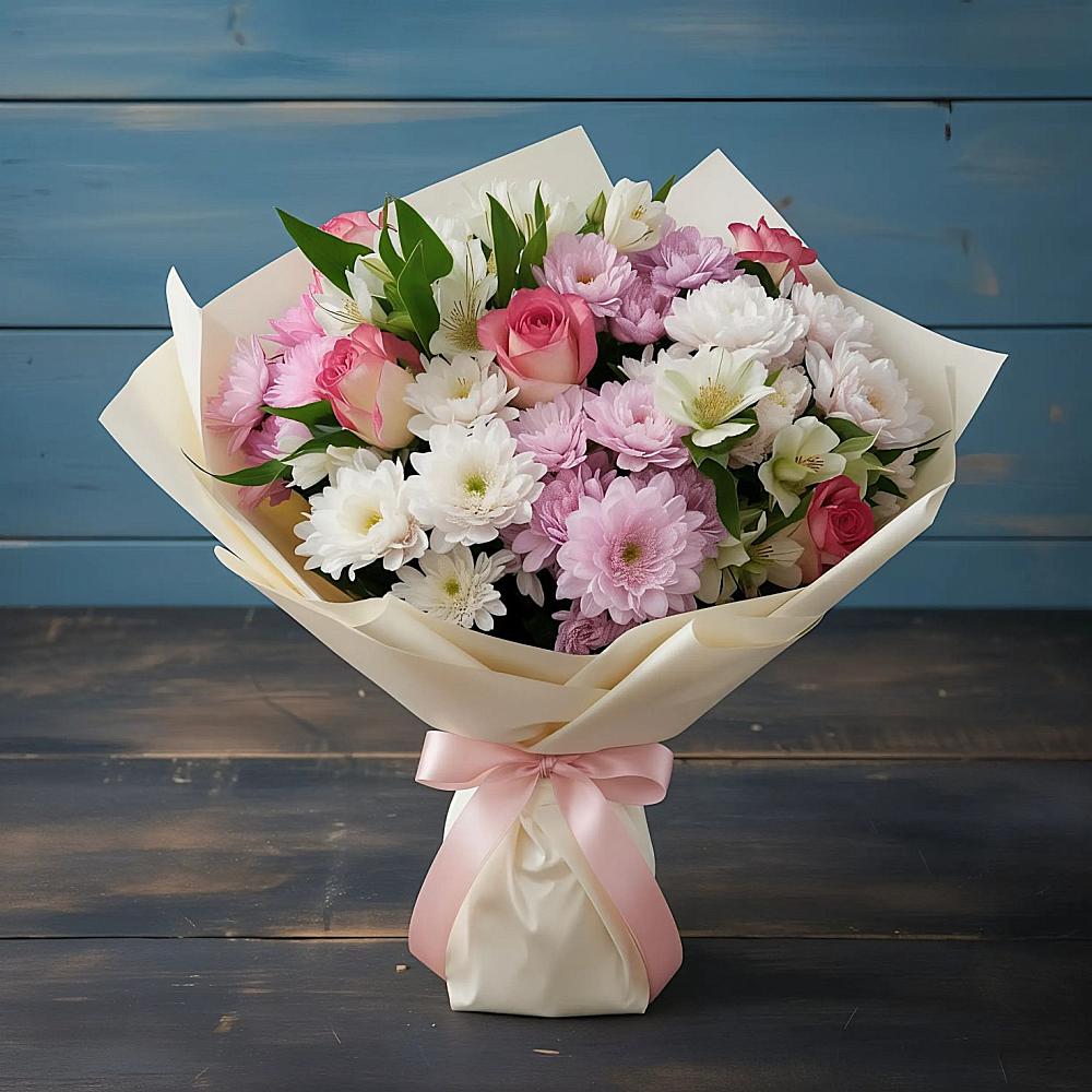 Букет цветов из: Хризантемы, Альстромерии и Розы в Кудиново